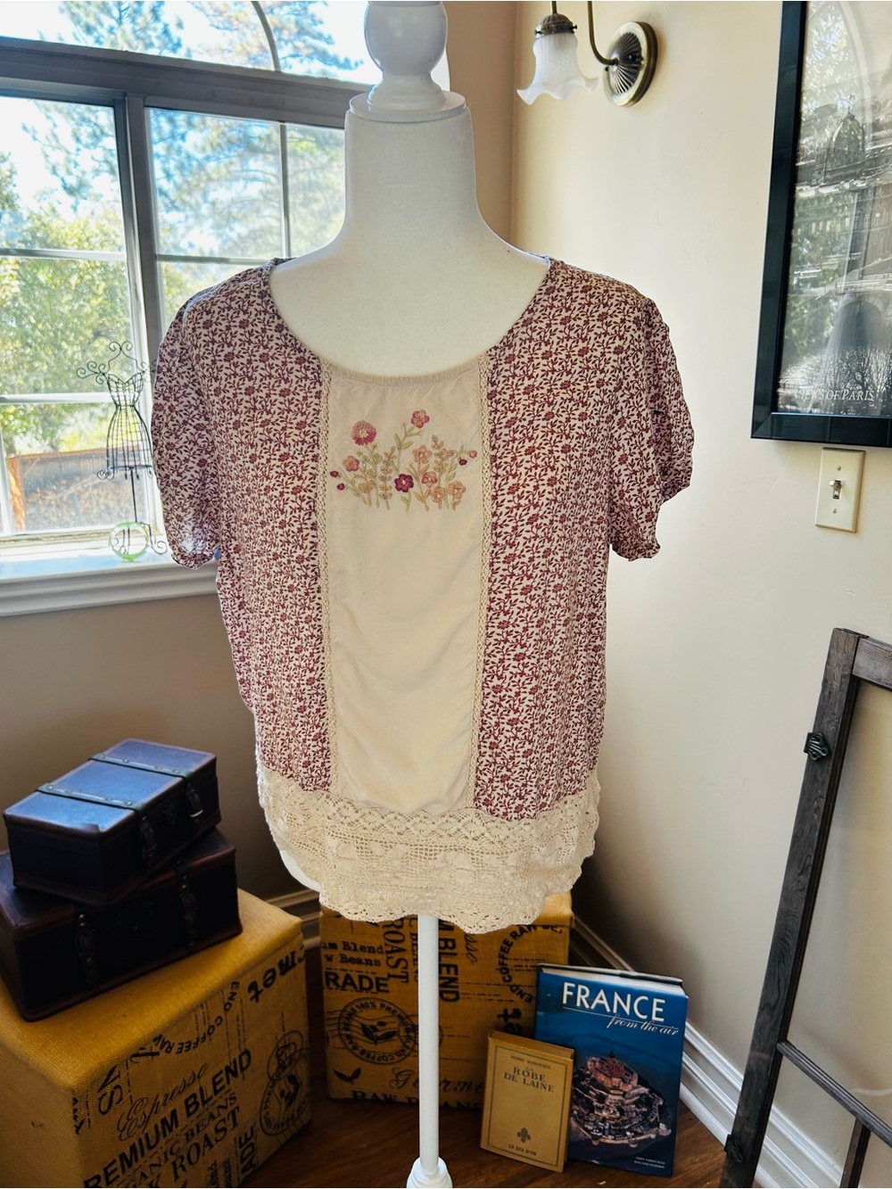 April Cornell Cream Panel Pink Floral Short-Sleeve Blouse
